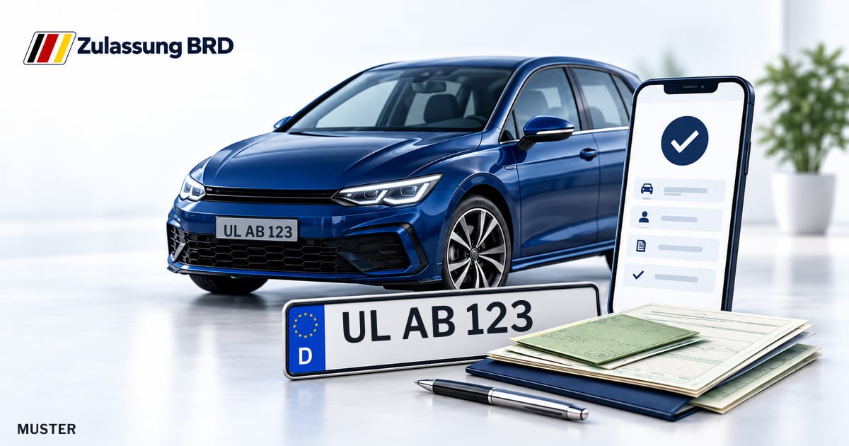 Online Fahrzeugzulassung in Blaustein: Musterkennzeichen UL AB 123, Auto und Fahrzeugpapiere und Smartphone. Illustration mit Logo von Zulassung BRD.